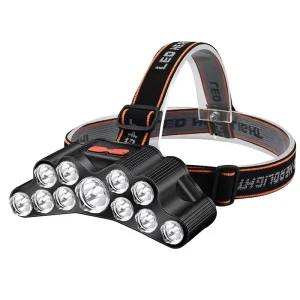 11-LED Head-Mounted Flashlight Waterproof Rechargeable Miner’s Lamp for Night Fishing, 100-200m