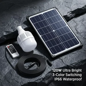 120W IP66 Solar LED Bulb Outdoor 97 LEDs 3 Color Dimmable Camping Lantern Emergency Portable Light 360 Beam Angle