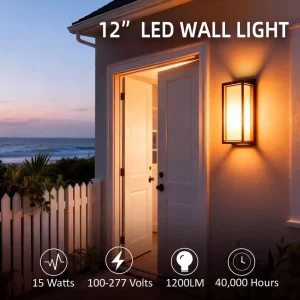 12Inch Lantern Wall Light Modern Outdoor Porch Patio Fixture Exterior LED Rectangle Sconce 5CCT IP65 Anti UV PC Photocell Sensor