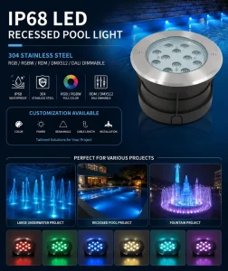 12W DMX RGB/Single Color LED IP68 Waterproof Stainless Steel Underwater Spot Light for Swimming Pool & Landscape