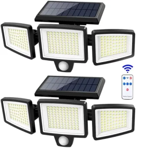 138 208 333 LEDs Solar Motion Sensor Wall Light Outdoor IP65 Waterproof 3-Head Flood Lamp with Remote and 3 Lighting Modes
