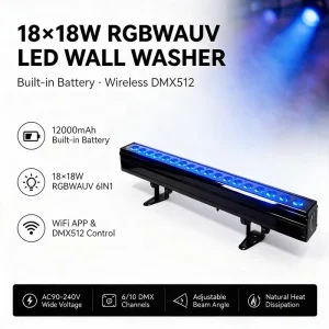 18x18W DMX LED Bar RGBWAUV 6-in-1 Battery LED Washer Light