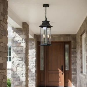 2-Light Black Rectangle Glass Lantern Outdoor Porch Ceiling Light, American Farmhouse Style, for Front Door