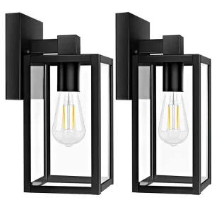 2 Pack IP65 LED Outdoor Waterproof Metal Wall Lantern Clear Glass Black Finish for House Porch Front Door Garage