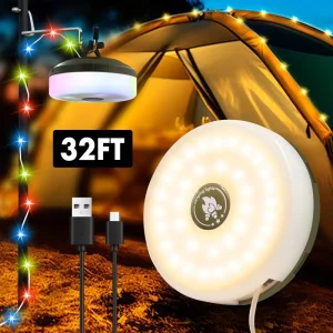 2-in-1 Retractable Camping String Light 32FT USB Rechargeable RGB LED Waterproof Garden Tent Atmosphere Lamp Outdoor Hook Dimmable