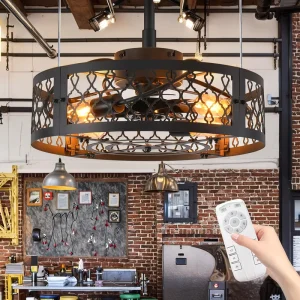 20-Inch Modern Industrial LED Iron Ceiling Fan Remote Control Dimmable 6-Speed Multi-Function Camping Light Fixture