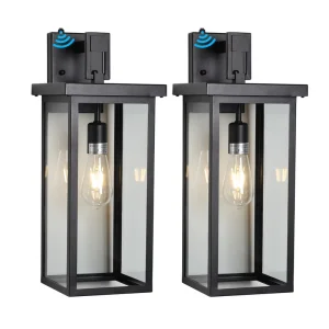 20 in H Outdoor Wall Lanterns, Set of 2, Black Metal Frame, Clear Glass, E26 Bulb Compatible