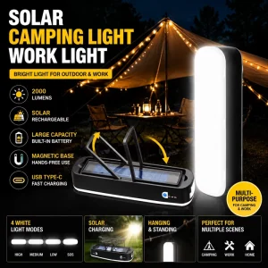 2000 Lumens LED Solar Lamp 4 Modes Rechargeable Camping Portable Magnetic Work Outdoor Waterproof Emergency Dimmable