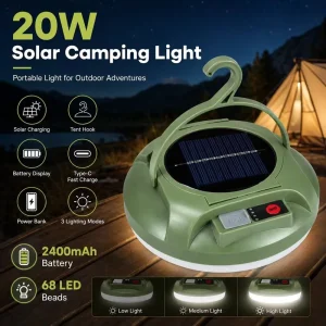 20W ABS Solar LED Camping Work Light with 2400mAh Battery and Hanging Lamp