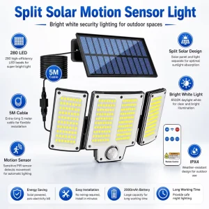 280 LED Split Solar Motion Sensor Light Outdoor IPX4 Waterproof Security Wall Lamp with Remote Control PIR 3 Modes 5M Cable