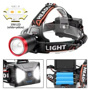 30W LED Headlamp 1200LM Zoomable 90° Rotated with Red Blue Tail Light for Camping Hiking