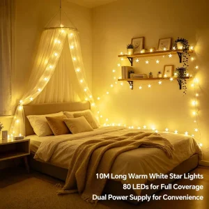 33Ft Copper 80LED Star String Lights Dimmable Battery USB Operated Warm White Waterproof Home & Wedding Decor
