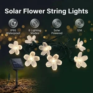 39.37ft 100 Solar LED Cherry Blossom Light String Waterproof IP65 Rechargeable Outdoor Christmas Garden & Railing Decoration