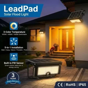 3CCT Switchable 1600lm Solar Floodlight 5-in-1 Installation PIR Motion Sensor IP65 LED Flood Lamp for Outdoor Yard Patio