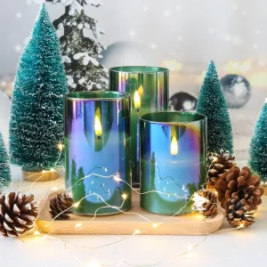 3D Flameless Home Decoration Pillar Paraffin Wax Green Glass LED Candles