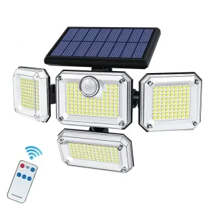 4 Head Solar Motion Sensor Wall Light Outdoor Security Lamp with Remote Control PIR Adjustable Heads for Patio Garage Yard