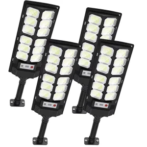 4 Pack IP67 Waterproof Solar Street Lights 13000LM 6500K LED Flood Lights Motion Sensor Remote Control for Security Parking Lot