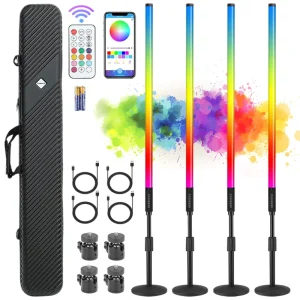 4-Pack TL-130Pro APP Control 4ft RGB LED Tube Light Bars with Stand and Case, RGBW Light Wand for DJ Party Stage Lighting