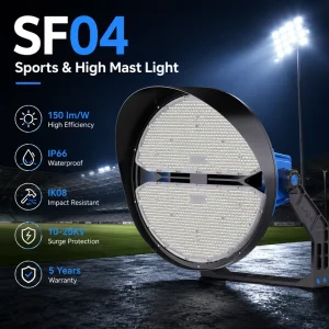 400W-1200W Round LED Stadium Light 150LM/W IP66 High Mast Floodlight for Sports Field