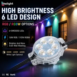40mm DC24V UCS2904 RGBW SMD5050 6 LED IP67 Smart Pixel Chain Lights APP Control for Outdoor Eave Facade Holiday Decoration