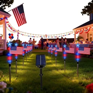 4th July Decorations Outdoor 8-Piece American Flag LED Solar Pathway Lights with Timer IP65 Waterproof Plastic for Garden Yard