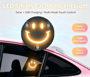 6 Colors Car Smiley Face Ambient Light Solar Type-C LED Mood Lamp Rear Triangle Window Auto Interior Decor Accessories