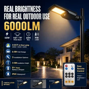 6000LM 40W 3 CCT Solar Street Light PIR Sensor 60H Max Runtime IP65 Outdoor Road Lamp for Village Pathway Parking Area