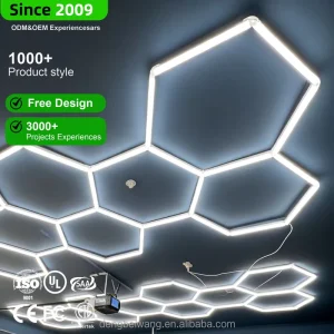 7-Panel Hexagon LED Ceiling Light, Modular Honeycomb Design, 50W 6000K, for Garage Workshop and Auto Detailing