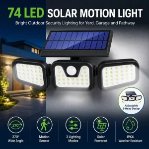 74 LED Solar PIR Motion Sensor Light 3 Adjustable Heads 270° Wide Angle IPX4 Outdoor Security Wall Lamp 3 Modes for Yard Pathway