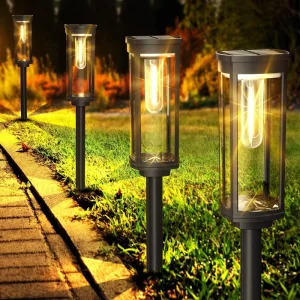 8 Pack Solar Pathway Lights Outdoor IP65 Waterproof Auto On Off LED 360 Beam Angle Transparent Glass Like Garden Lighting