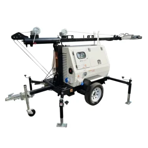 A Mobile diesel Engine Lighting Tower Equipped with 4 Sets of 500 watt LED Lamp Towers and Extendable Masts