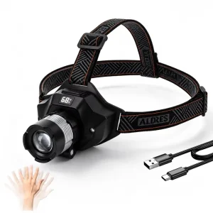 Adjustable Focus Rotatable Head Flashlight with Motion Sensor USB Rechargeable Zoomable LED Headlamp for Hiking Camping Hardhat