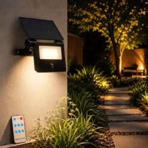 Adjustable Solar Panel PIR Motion Sensor Garden LED Flood Light Remote Control IP65 Waterproof Outside Yard Wall Security Lamp