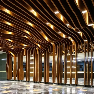 Aluminium Baffle Ceiling Panels, Wavy Curved Arc, Wood Pattern, for Shopping Mall and Airport