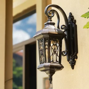 Antique Aluminum Waterproof Exterior Fence Lights Vintage Outdoor Wall Lantern LED Garden Decorative Tempered Glass