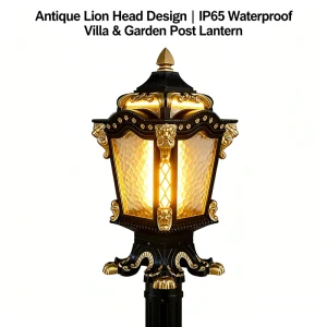 Antique Cast Aluminum Lion Head LED Pillar Light IP65 Waterproof Square Gate Post Lantern for Villa Garden Fence Wall