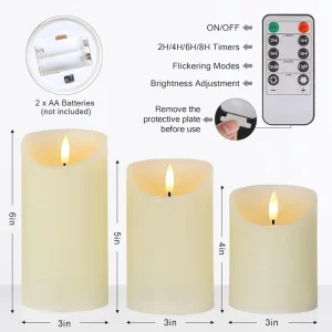 Battery-Operated Real Wax LED Pillar Candles with Remote Control, 3D Flickering, for Events