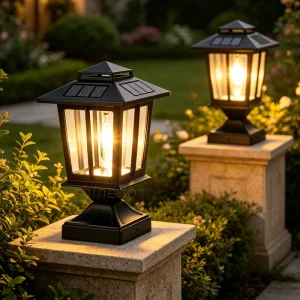 Black Solar Courtyard Villa Gate Pillar Light Waterproof Fence Lamp Outdoor LED Solar Column Light Outdoor Post Cap Pillar Light