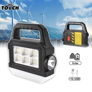 COB LED Solar Flashlight Rechargeable Search Torch Emergency Lantern Outdoor Camping Light
