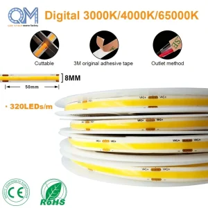 CRI90 COB LED Strip Light 24V 8mm 6000K Cool White Dotless Tape for Bed Headboard Lighting