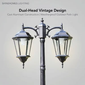 Cast Aluminum Dual-Head Vintage Outdoor Path Light Rust UV-Resistant Matte Black Hexagon Glass
