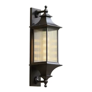 Classic American Outdoor Wall Light Featuring Black Metal Frame Vertically Textured Glass Waterproof Wall Fixture for Villas
