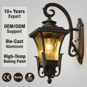 Classical European LED Wall Lamp Die Cast Aluminum Garden Sconce with High Temperature Baking Paint IP65 Hammered Glass Lantern