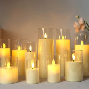 Clear Cylinder Glass LED Flameless Ivory Pillar Candle with Flickering Moving Flame, Multiple Sizes