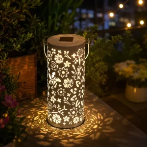 Custom Modern White Solar Glass Lantern with Floral Cutout Pattern Cylinder Hanging LED IP65 Garden Light Outdoor Patio Decor