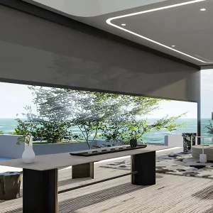 Custom Windproof Motorized Electric Zip Track Roller Shades with Sunshade Fabric for Outdoor Patios