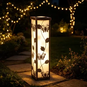 Decorative Butterfly Cutout Solar Iron Garden Lantern Vintage Bronze Water Resistant Outdoor Lamp Warm White LED 360 Beam