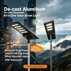 Die-Cast Aluminum Anti-Salt-Fog 150W IP65 LED Solar Road Lamp with DC Battery for Ports, Islands, and Coastal Areas