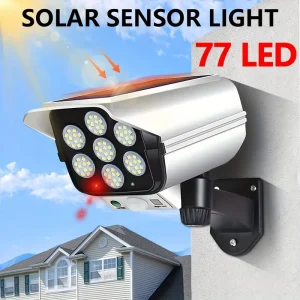 Dusk to Down Pseudo Camera 77 LED IP67 Solar Motion Sensor Security Wall Lights for Garden Outdoor with Remote Control
