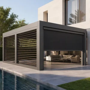 E-Series Aluminum Pergola with Manual Wood Grain Louvers and Motorized Zip Track Roller Blinds